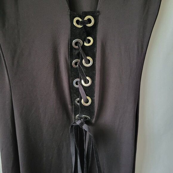 NEW Forever 21 Black Dress Maxi grommets tie Medium sleeveless cowl slit NWT - Picture 6 of 12